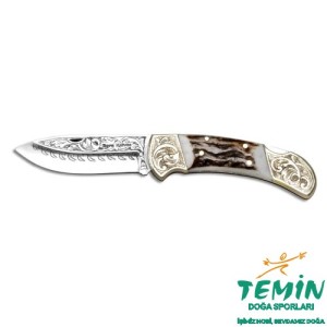 Bora 205 Büyük Boy Geyik Boynuzu Saplı Gravürlü Çakı