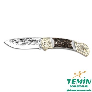 Bora 205 Büyük Boy Geyik Boynuzu Saplı Gravürlü Çakı